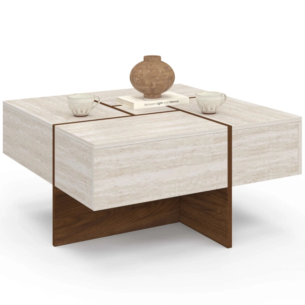 IDMarket - Tavolino quadrato TALIA da 70 cm con cassetti in legno effetto noce e piano in travertino