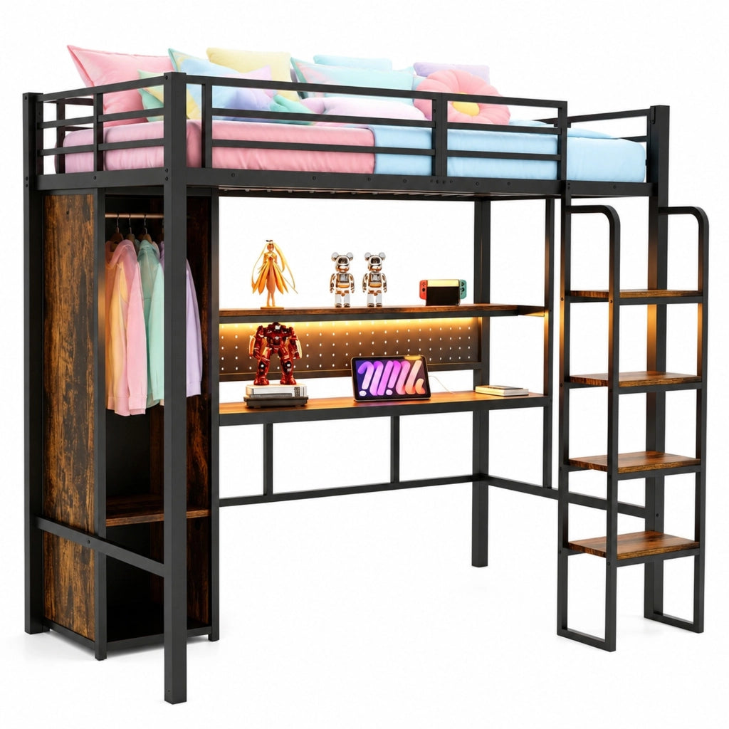 Letto a soppalco multifunzione 90x200 cm in metallo e MDF; nero; con scrivania; armadio e LED