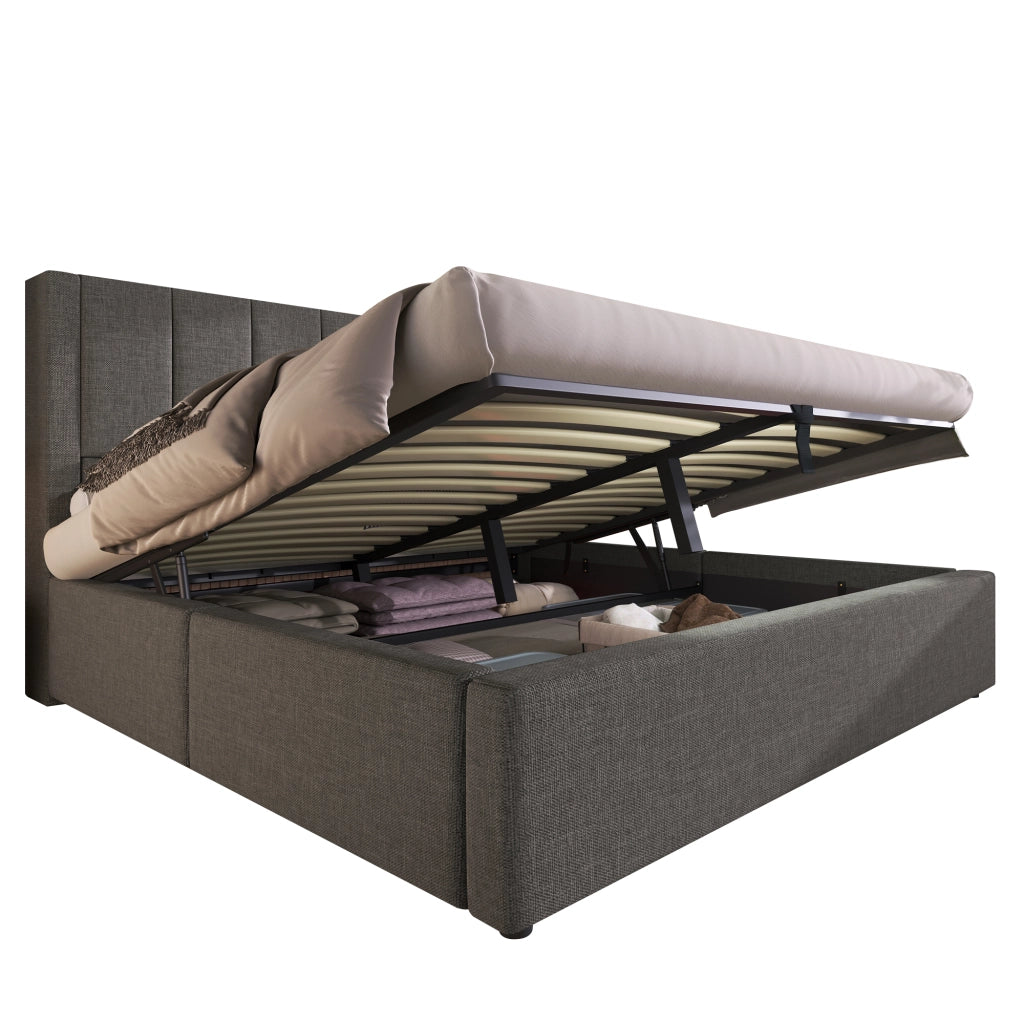 Letto imbottito di dimensioni 160x200 cm con sistema di carico idraulico e lenzuola grigie