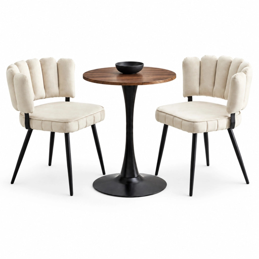 Set tavolo e 2 sedie 60 cm noce e nero; MDF e velluto - schienale a petalo