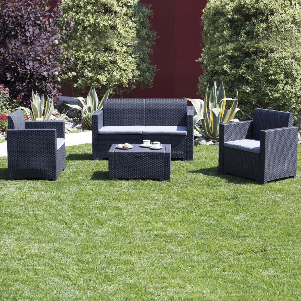 Set Salotto da Giardino Divano 2 Poltrone e Tavolino con Cuscini in Plastica Nero