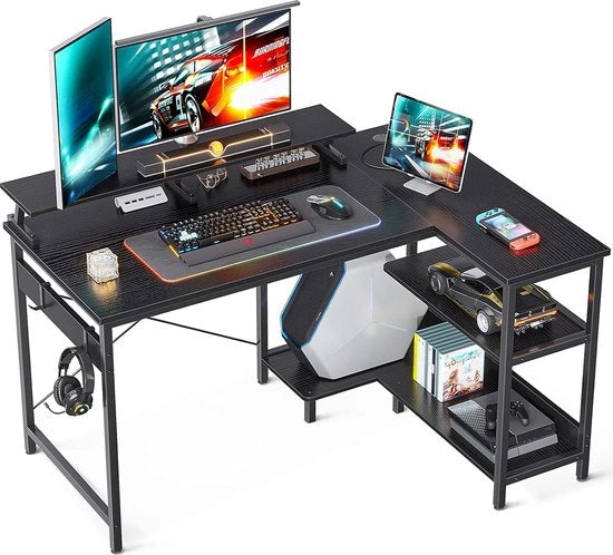 Scrivania a L con contenitori di archiviazione per piccoli spazi e supporto per monitor - Scrivania per ufficio domestico (nero, 120 x 80 cm)