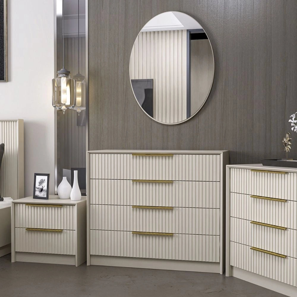 Cassettiera 4 cassetti con specchio Kale cashmere effetto cannettato 100x45x85H