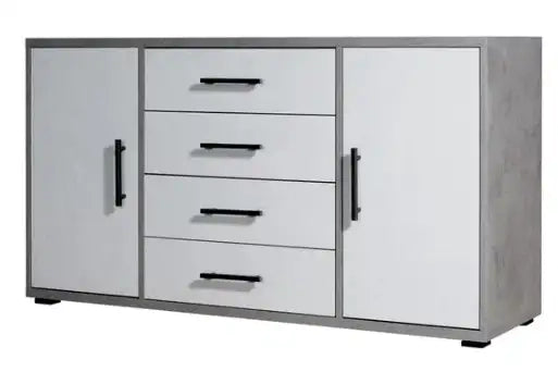 Credenza moderna 4 cassetti + 2 ante ossido+bianco cemento già montato L136 H78 P40
