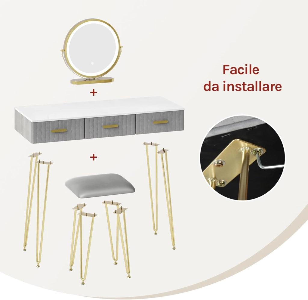 Toeletta Trucco con Luci LED, Luminosità Regolabile, Postazione Tavolo Make Up con Sgabello in Velluto, 3 Cassetti, Facile Montaggio, Moderno, Bianco+Grigio, MB6108gr