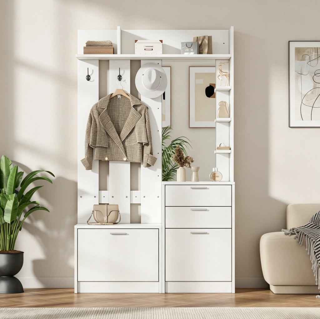 Garderoba multifunzione 110x34x185 cm con specchio; 2 cassetti e scarpiera a ribalta; bianco