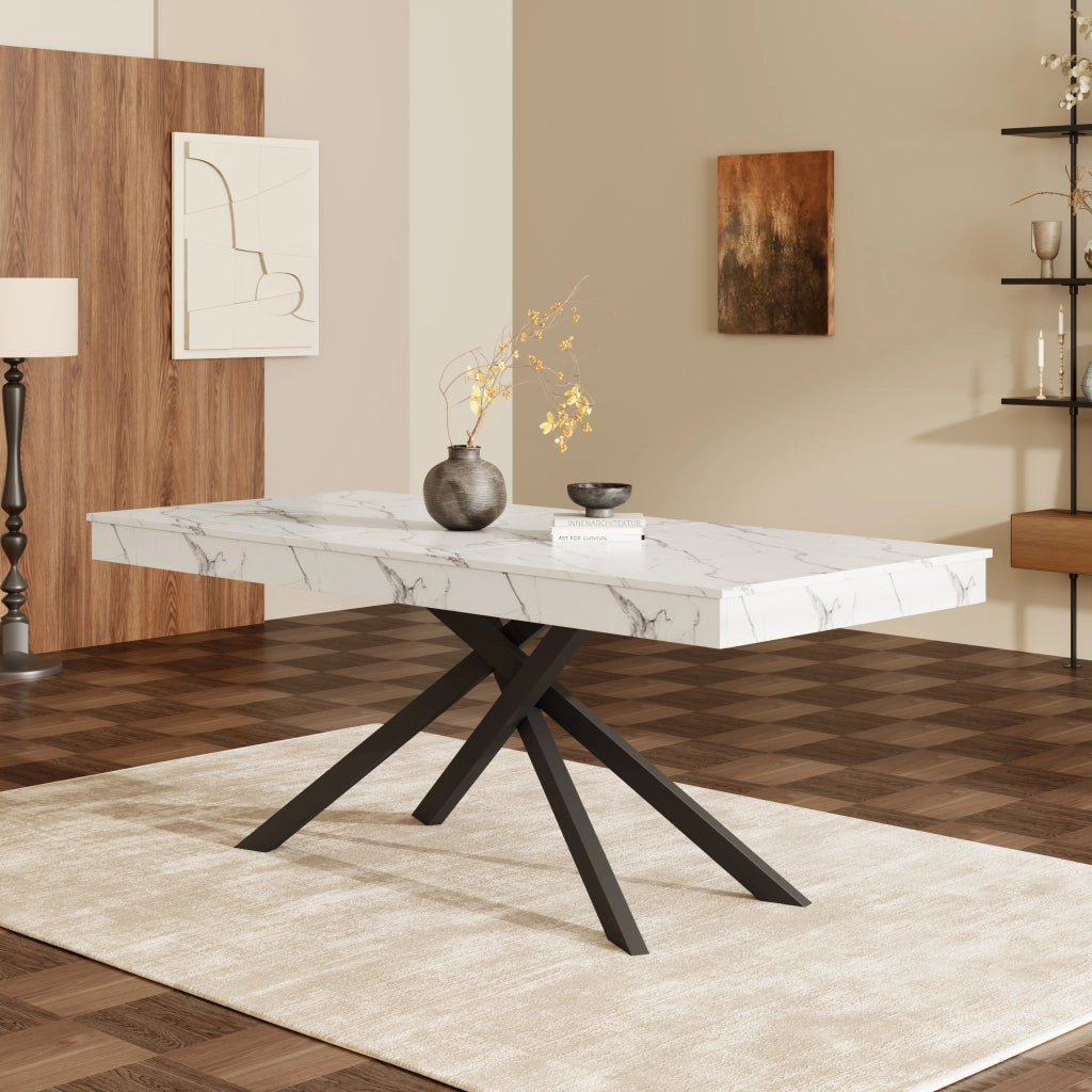 Tavolo da pranzo allungabile per 6-8 persone con piano spesso e gambe incrociate in MDF bianco per interni moderni
