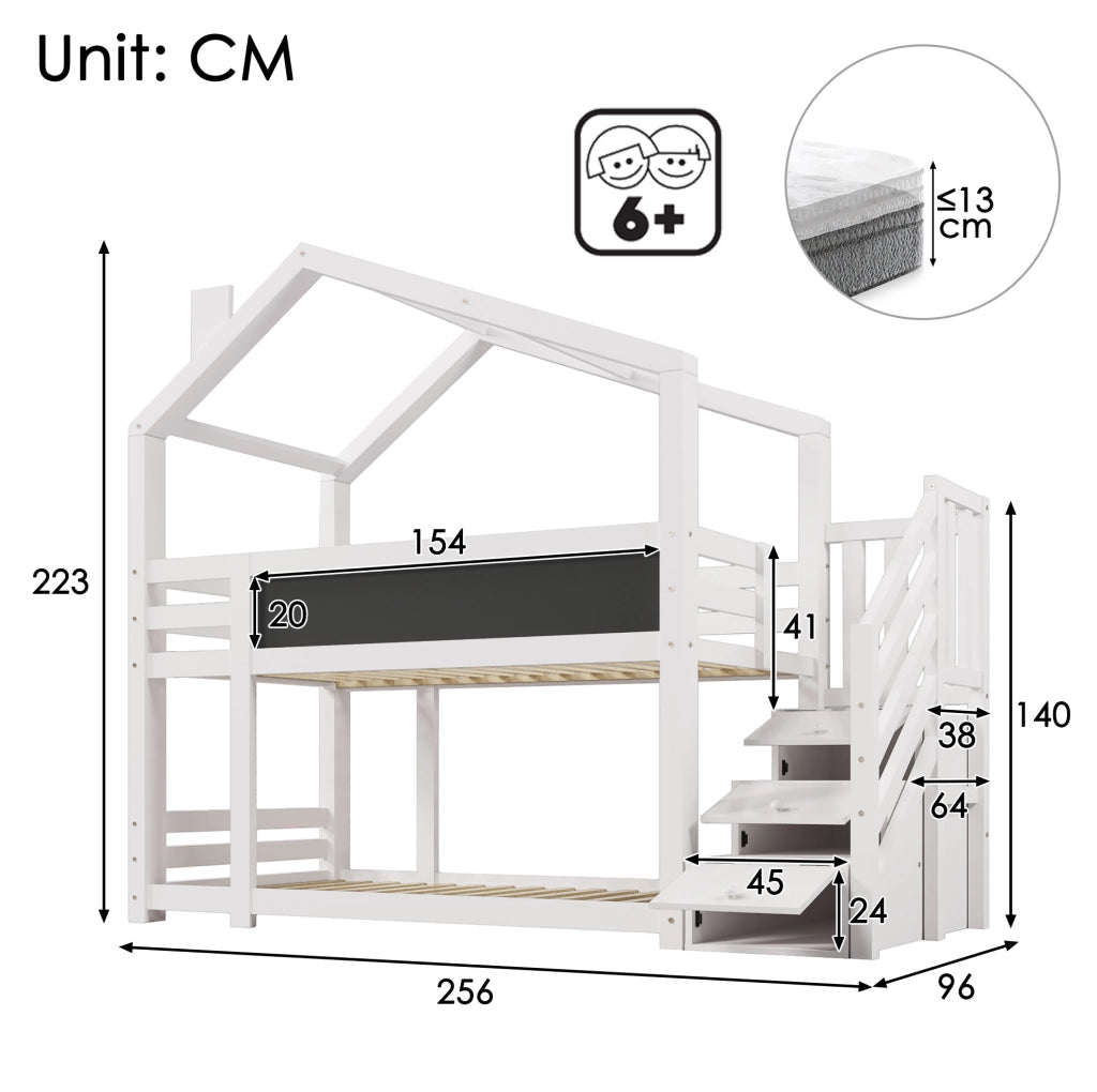 Letto a castello per bambini 90x200 cm in legno massello di pino e MDF; bianco; con lavagna e scala contenitore
