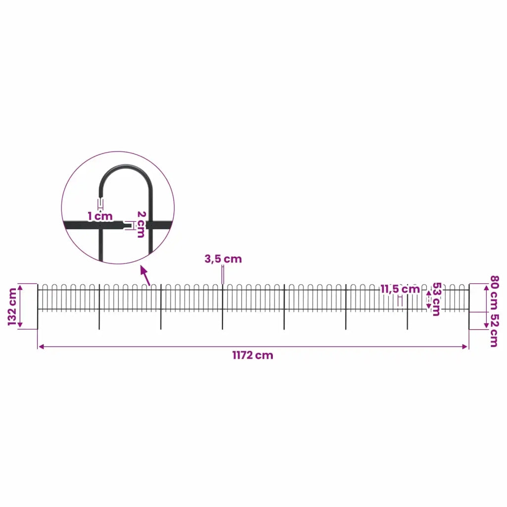 Recinzione da Giardino con Parte Superiore ad Anello in Acciaio 1172x80 cm Nero 277653