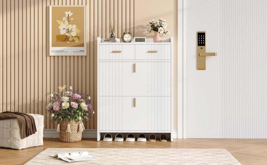 Scarpiera stretta con 2 vani a ribalta e 1 cassetto, mobile portascarpe moderno salvaspazio per ingresso, bianco, 75 ¡Á 24 ¡Á 108,5 cm
