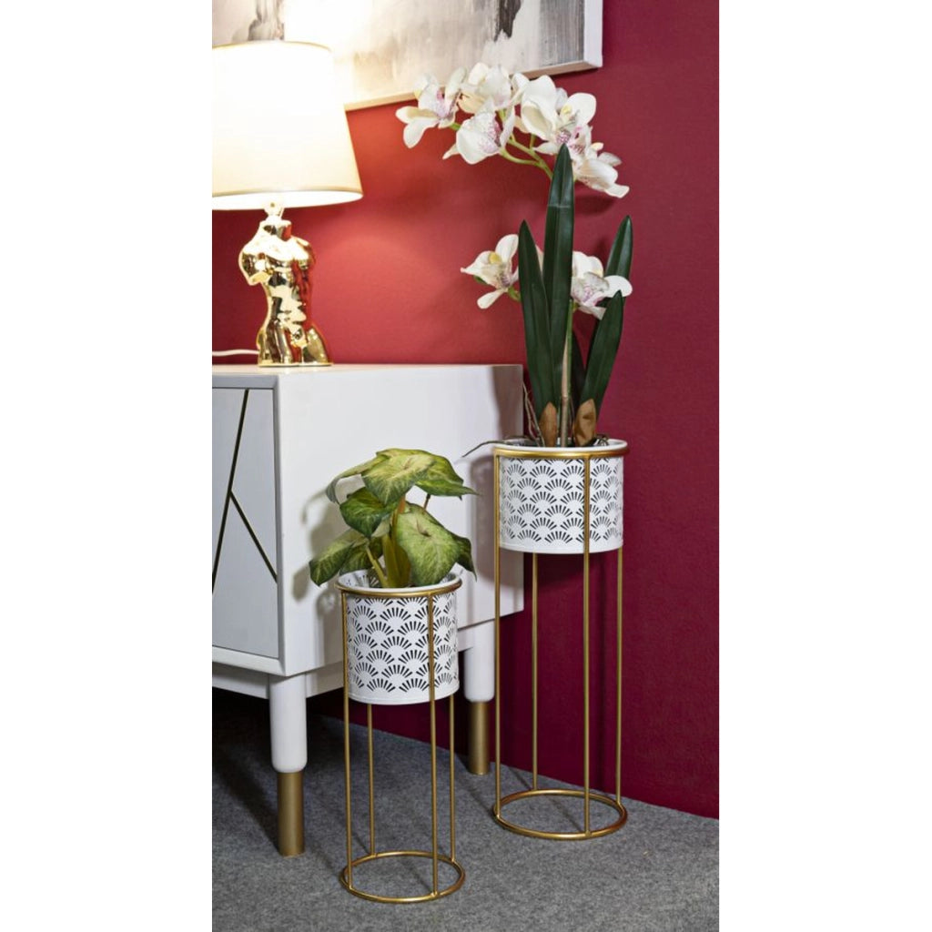 Coppia portavasi cilindrici Whity in ferro oro e bianco, O17x46 e O14x34 cm