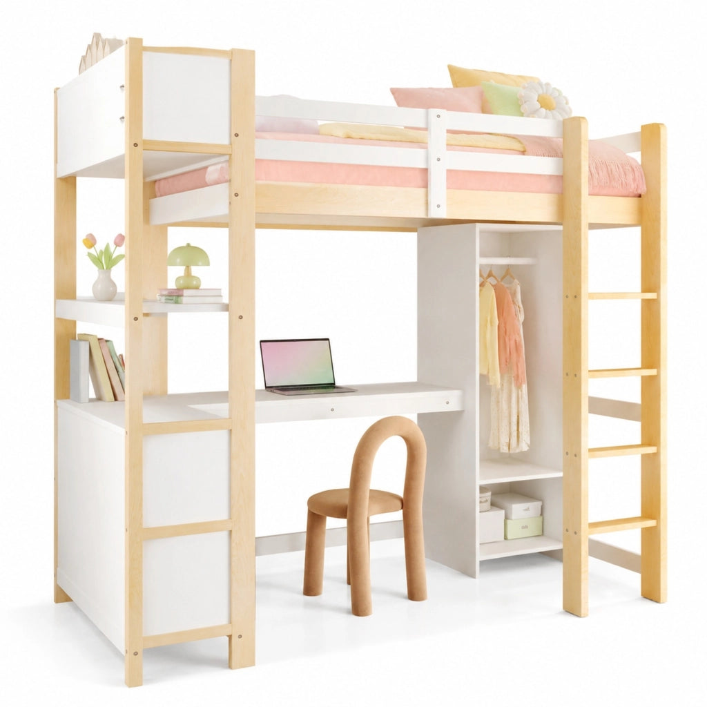 Letto a soppalco 90x200 cm con scrivania; scaffali e armadio in pino
