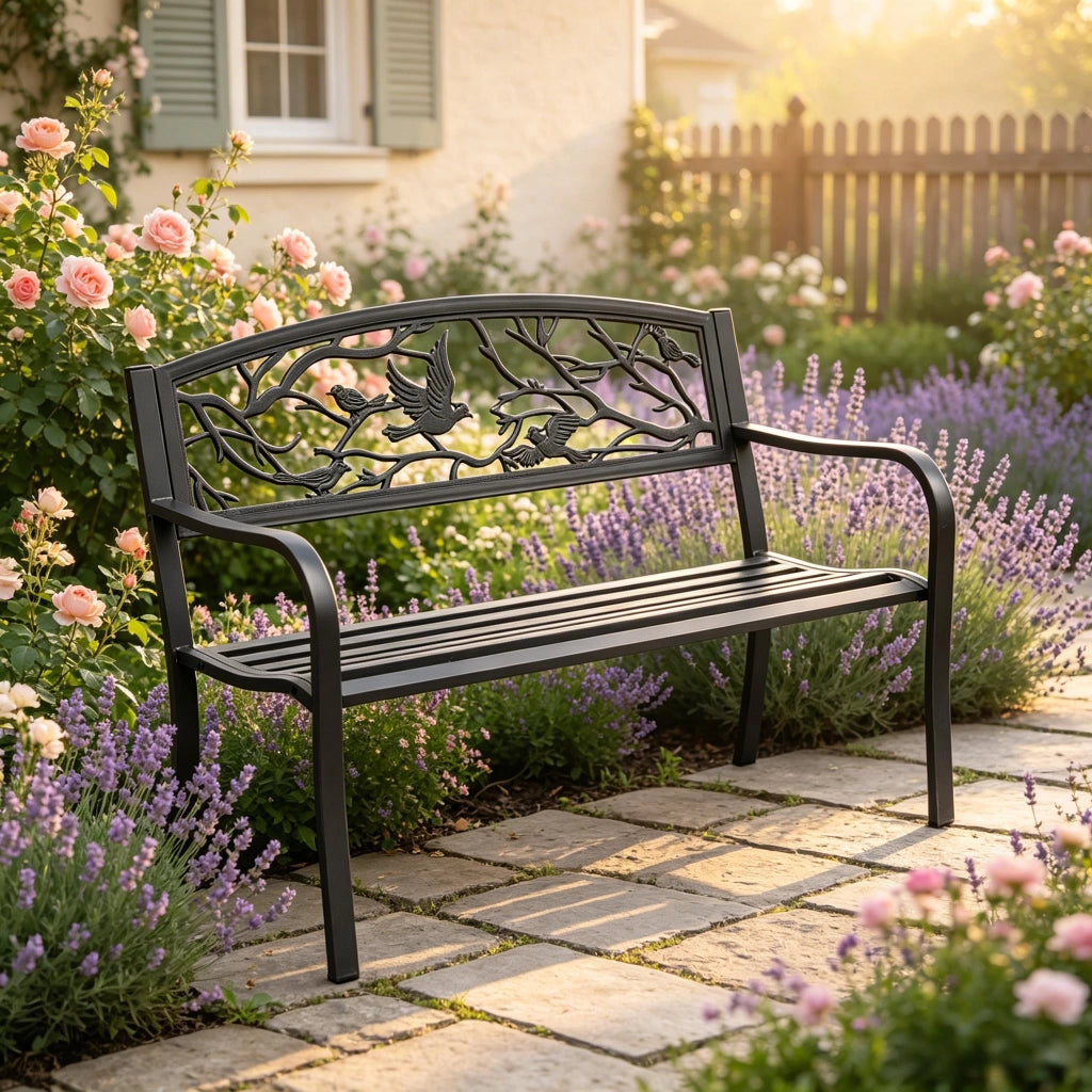 PANCA da giardino 127x60x85 cm metallo nero con braccioli