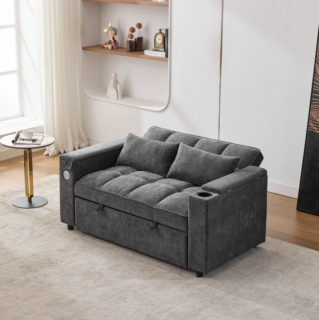 Divano letto trasformabile con schienale regolabile; porte USB e Type-C in tessuto grigio