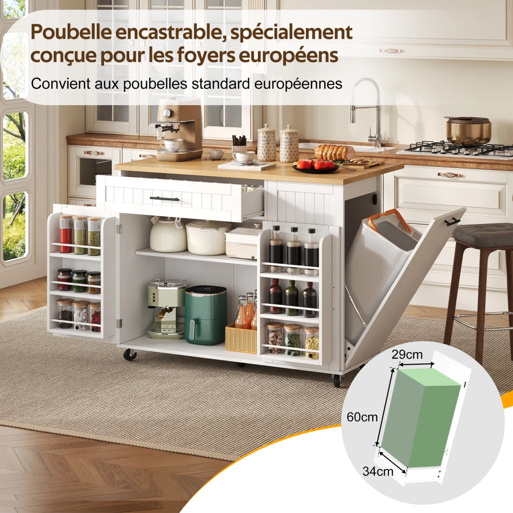 Carrello da cucina con 1 cassetto; vano pattumiera; ripiani sulla porta e piano ribaltabile; bianco; 130 × 70 × 93 cm