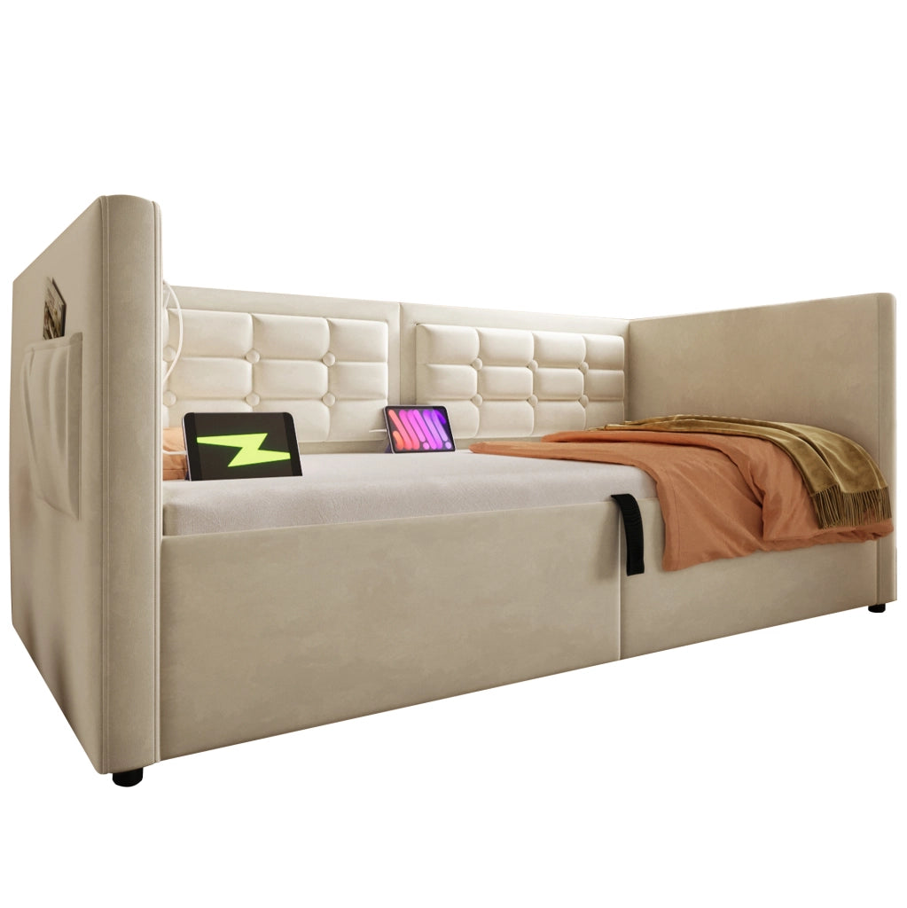 Divano letto imbottito 90x200 cm beige in velluto con contenitore e ricarica USB