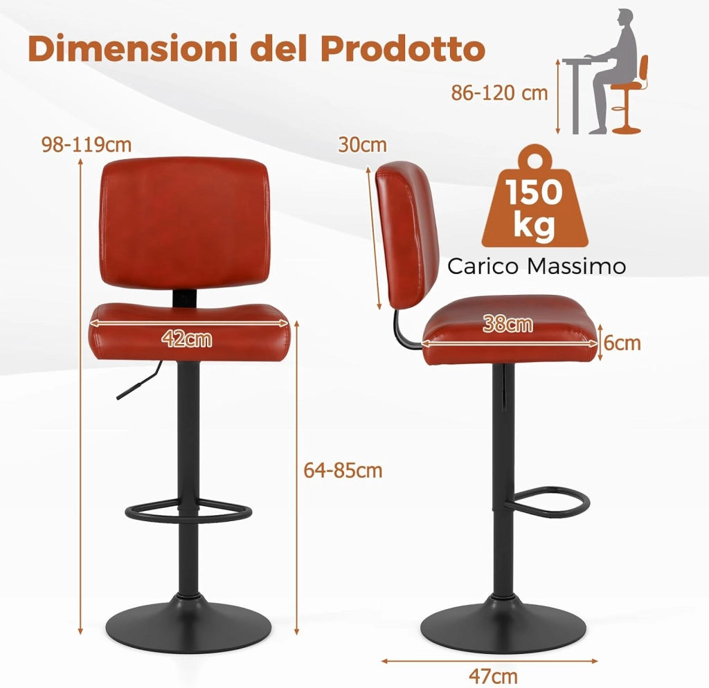 Set di 2 Sgabelli da Bar Moderne Girevoli con Altezza Regolabile | Sedie da Bar con Seduta Imbottita in Pelle, Sgabelli Rivestiti per Banco con Poggiapiedi per Sala da Pranzo e Pub