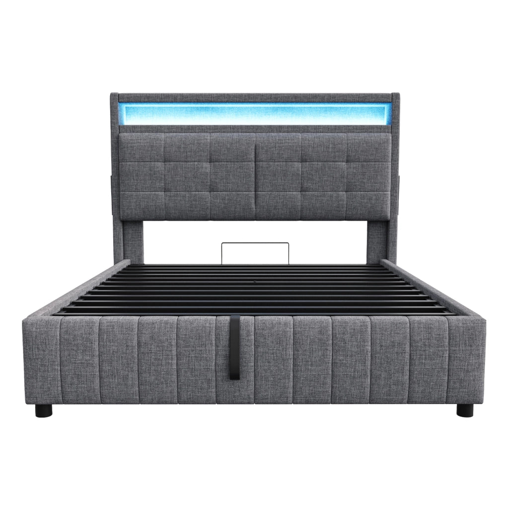 LETTO Imbottito 160x200 cm Grigio in lino con LED, USB e contenitore