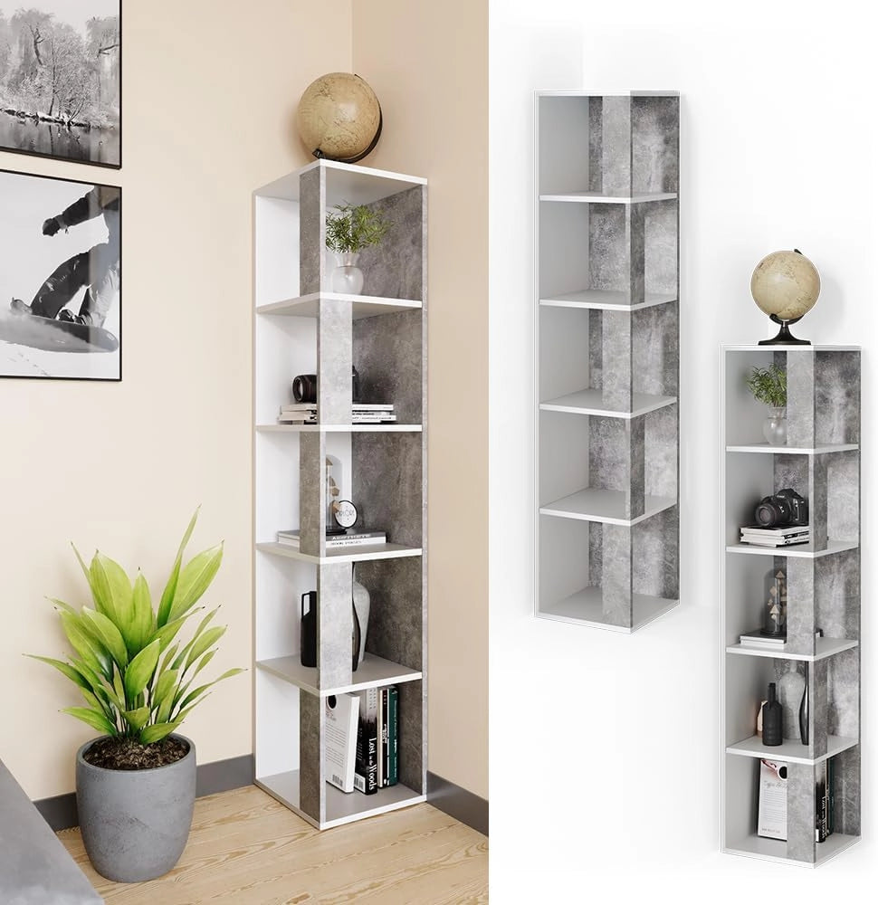 Scaffale angolare Lio, Calcestruzzo, 33.3 x 162.2 cm, per riporre libri e decorazioni negli angoli della stanza