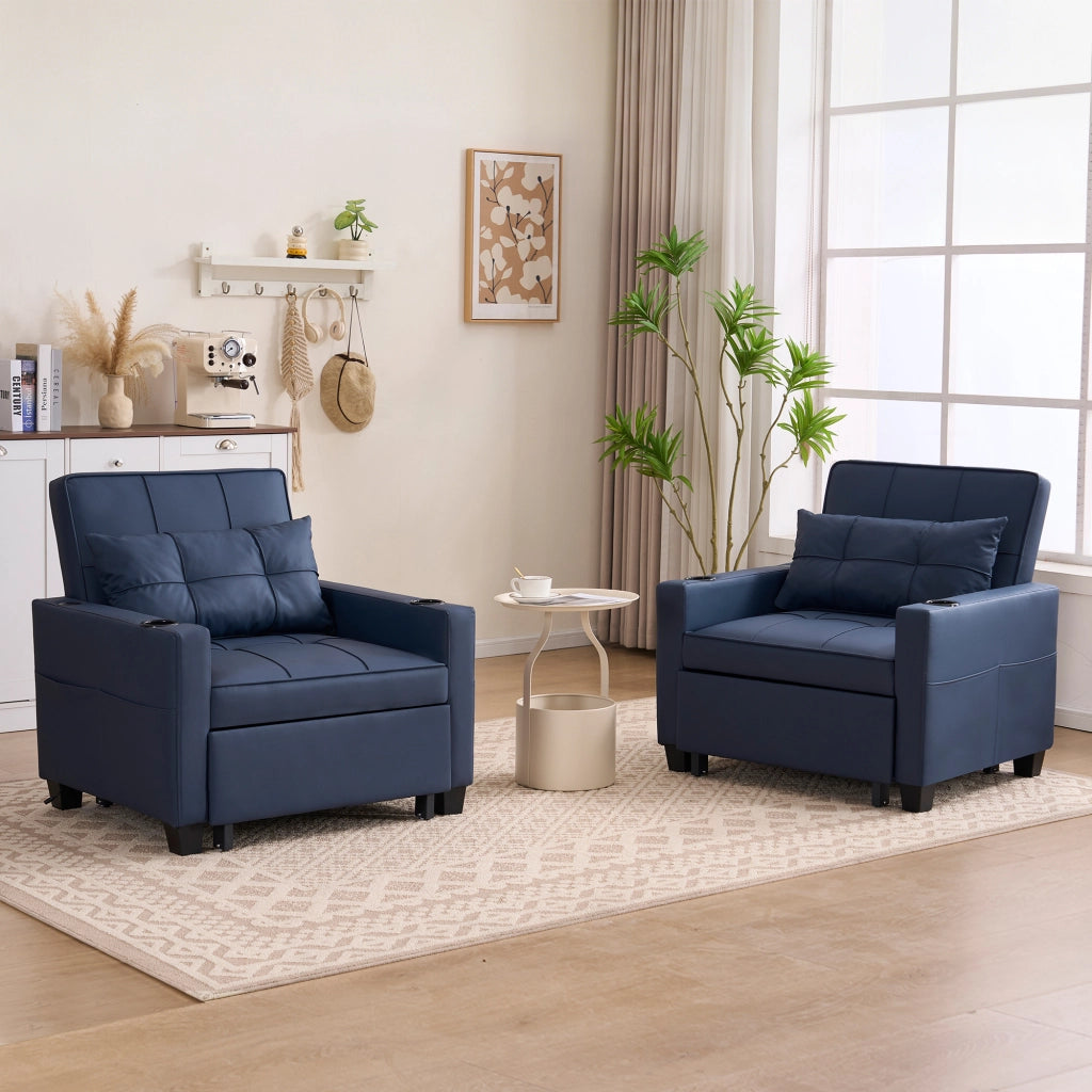 Divano convertibile 3 in 1 con funzione letto e tasca laterale salvaspazio per piccoli spazi in legno e metallo blu