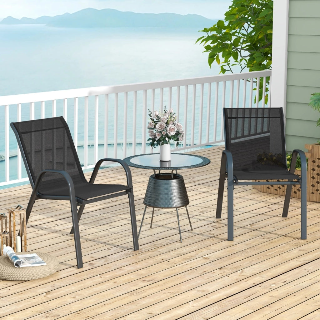Set di 2 sedie da patio impilabili in metallo con braccioli, Sedie da pranzo in tessuto traspirante Nero-Sedie da esterno