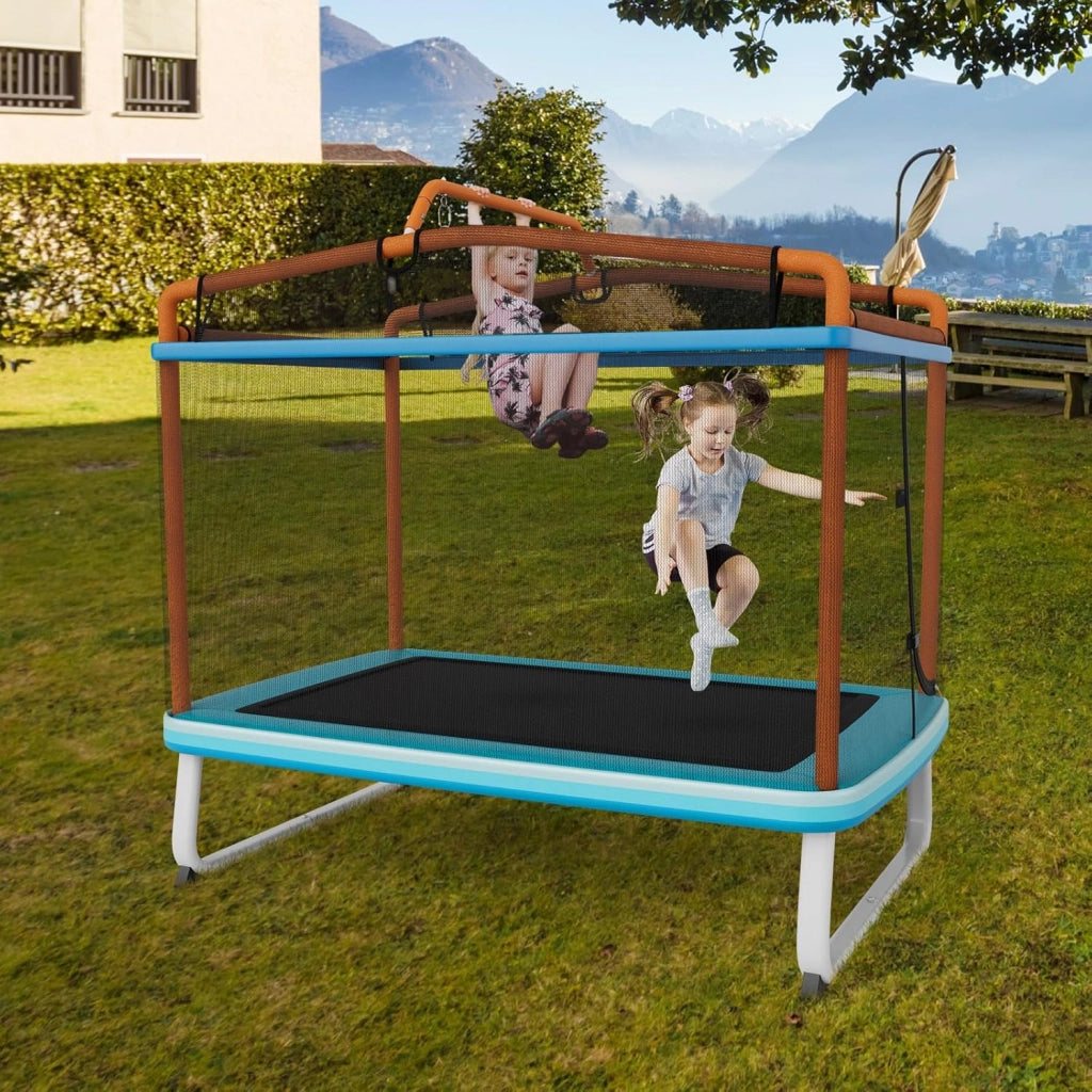 Trampolino per Bambini 3-8 Anni, Tappeto Elastico Bambini 3 in 1 con Altalena Rimovibile e Barra Orizzontale, Saltarello da Esterno e Interno, Portato 110 kg, 190 x 124 x 172 cm