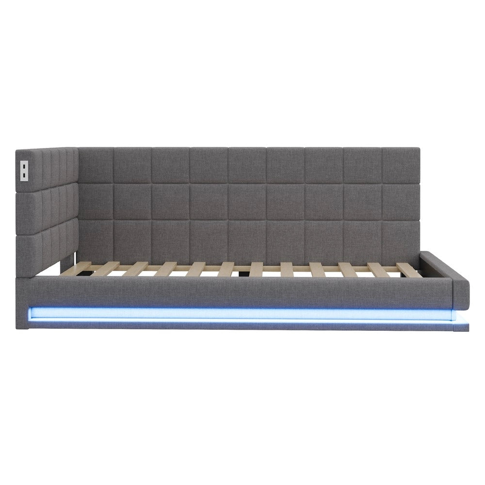 Letto Imbottito con LED e Rete a Doghe ¨C MINIMAL ¨C Tessuto Grigio 90x200