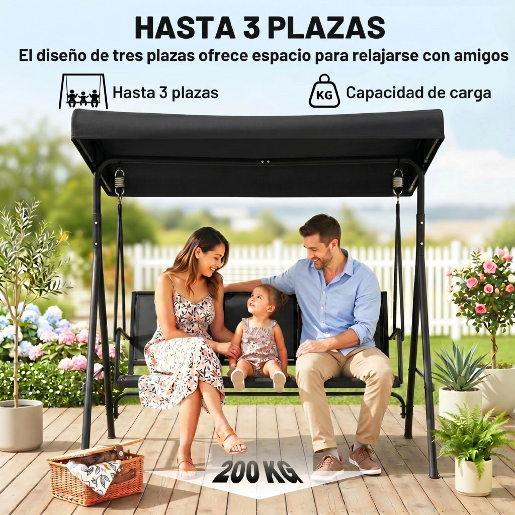 Altalena da Giardino 3 Posti con Tetto ¨C Zephmum ¨C Nero Acciaio 175x118x159 cm