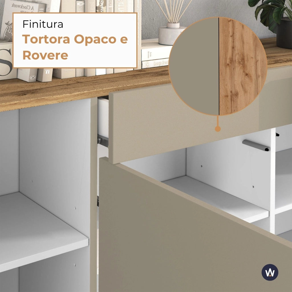 WHOUS Madia Garda a 4 ante e 2 cassetti tortora opaco e rovere 200x35x71 cm