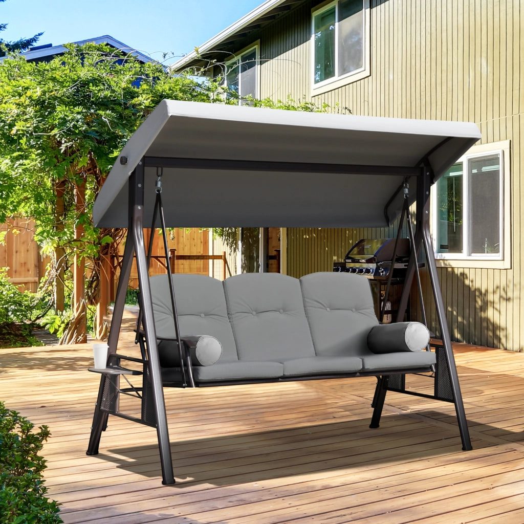 Dondolo da Giardino 3 Posti 208x121x172 cm con Tetto Regolabile Portabicchieri e Cuscini in Metallo e Tessuto Grigio