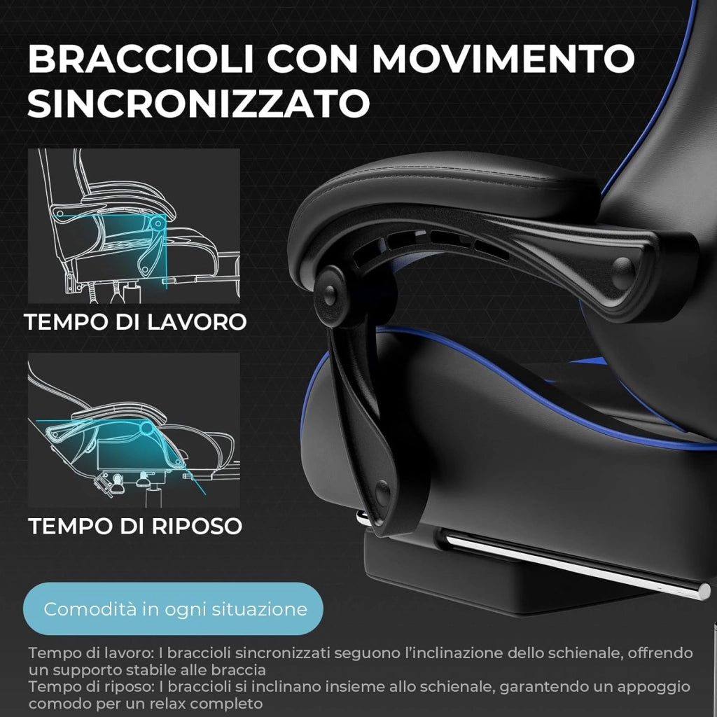 Sedia da Gaming Massaggiante ed Ergonomica con Schienale Regolabile, Poggiapiedi e Supporto Lombare - Reclinabile, Blu