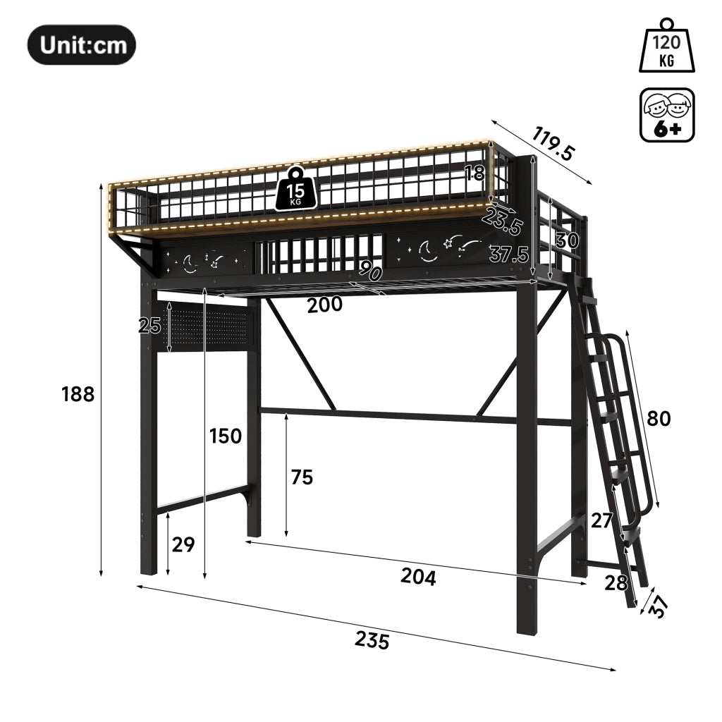 Letto a soppalco 90x200 cm per 2 persone, letto alto con ripiani portaoggetti e spazio aperto sottostante, metallo nero