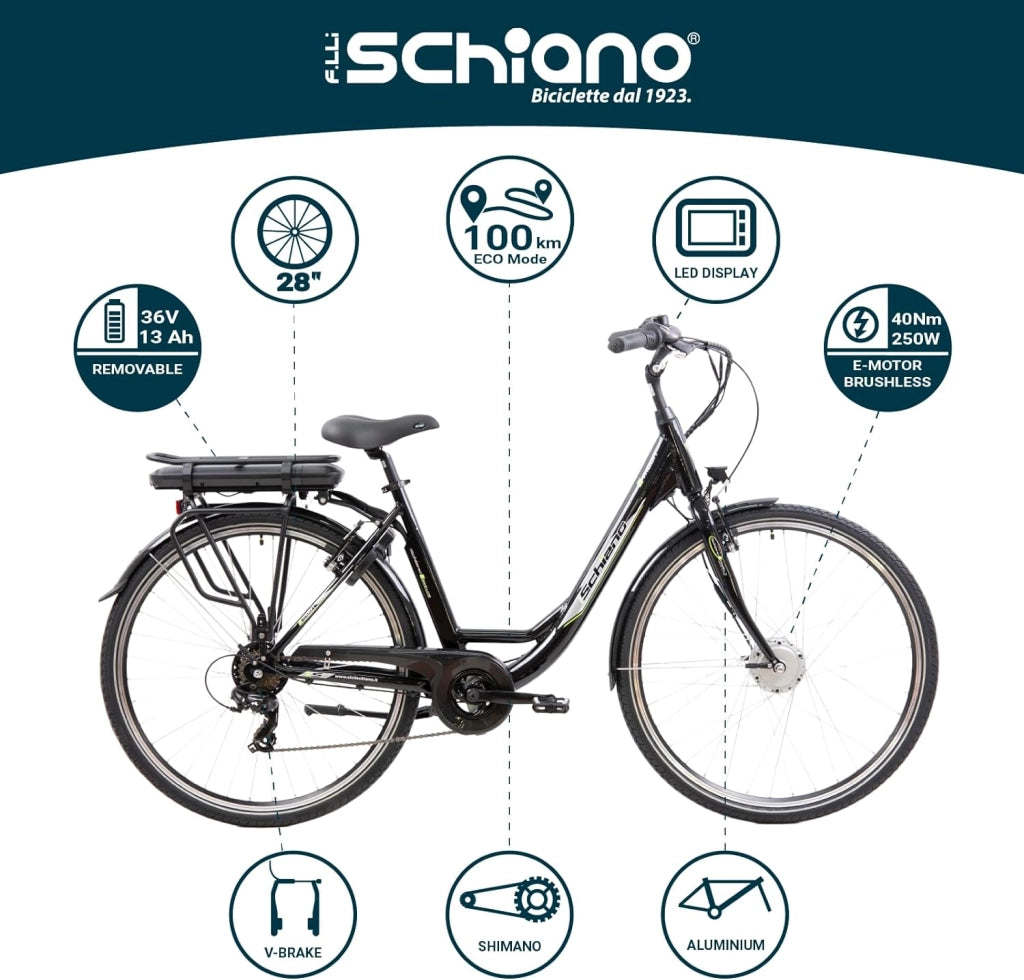 F.LLI SCHIANO E-MOON 28'' Bicicletta Elettrica da CittÃ , con Pedalata Assistita 250W, Unisex Adulto, Batteria Rimovib