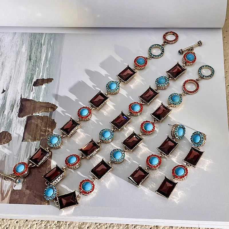 Collana e bracciale vintage turchese fatti a mano, set retr¨° esagerato da donna, orecchini combinati, gioielli in stile nazionale