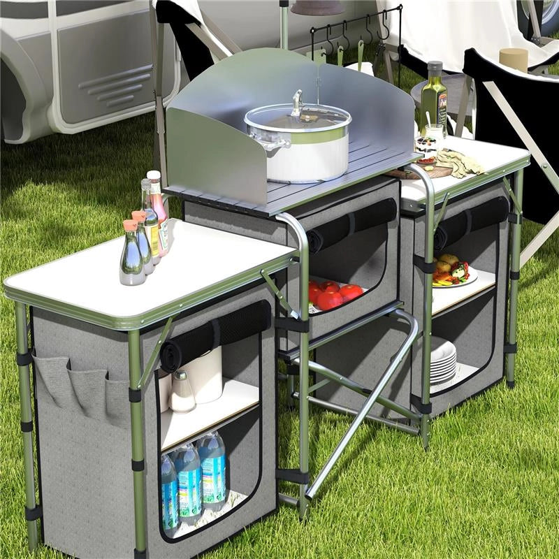 CUCINA DA CAMPEGGIO PIEGHEVOLE A 3 PIANI CON 5 RIPIANI INTERNI E 4 GANCI 172X48X119 CM GRIGIO E ARGENTO