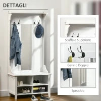 Appendiabiti Attaccapanni da Terra con Specchio Scarpiera 4 Ganci Legno 80x40x170cm Bianco