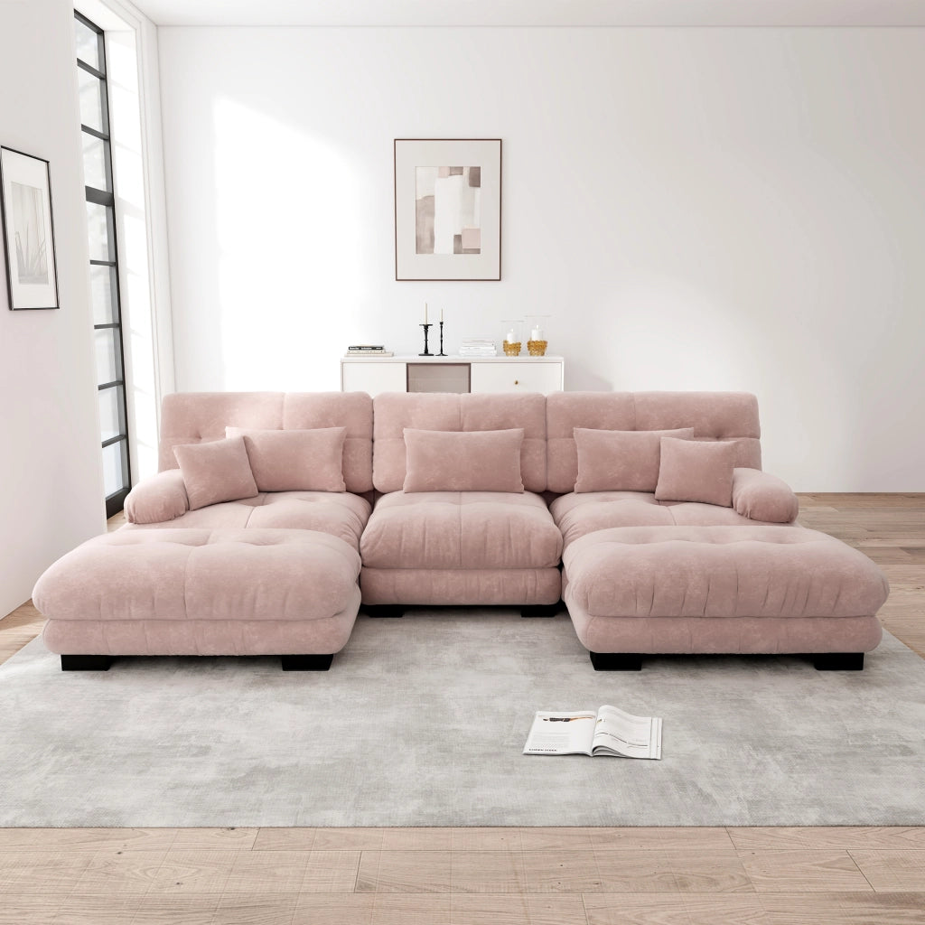 Divano angolare modulare a U con pouf, seduta profonda e cuscini, per soggiorno, in ciniglia rosa