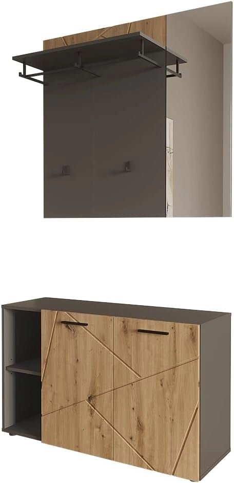 Armadio da ingresso Irma, Antracite/Artisan, 106 x 63 cm Set con scarpiera e appendiabiti a muro con specchio