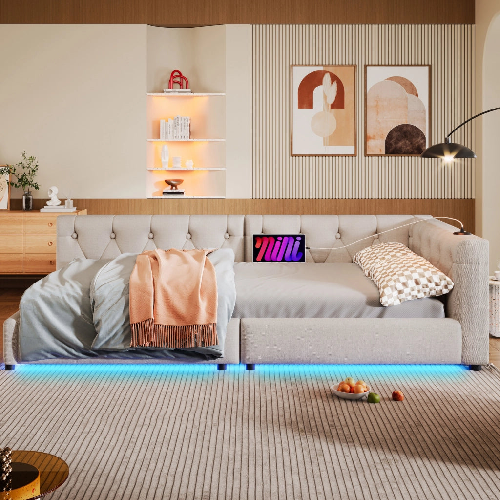 Letto daybed 90x200 cm con luci LED e USB Type-C in lino beige