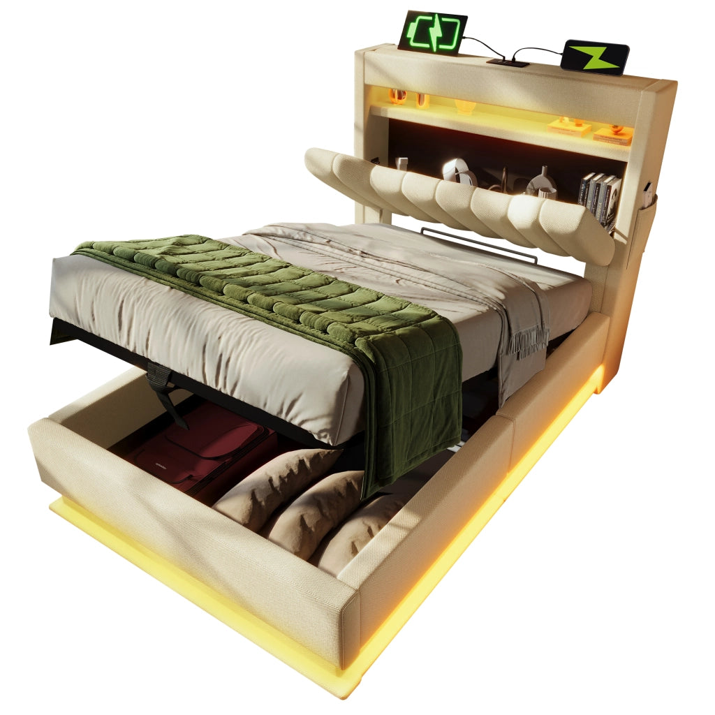 Letto singolo – 90x200 cm – USBC LED testa/piedi contenitore – lino beige