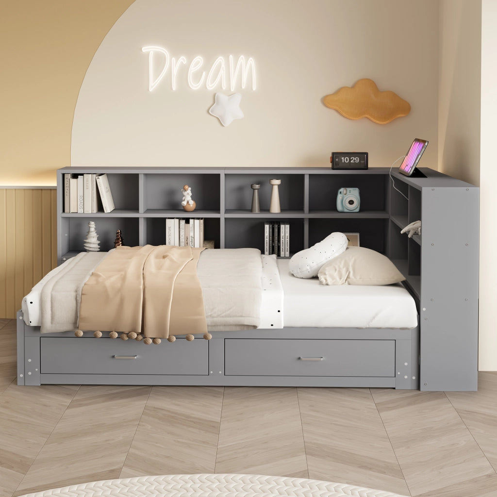 LETTO Multifunzione Estraibile 90/180x190 cm Legno Grigio con cassetti