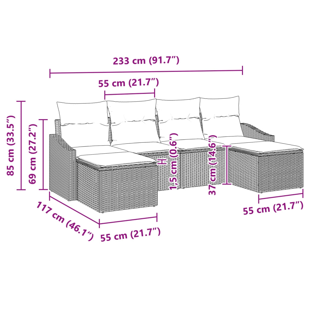 Set Divano Giardino 6 Pezzi con Cuscini Nero Polirattan