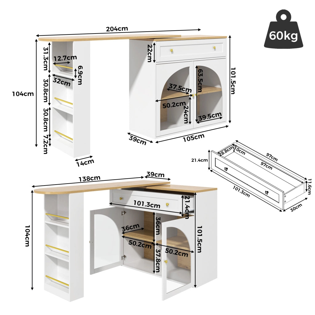Tavolo da Pranzo con Scaffale a 3 Livelli; Ante in Vetro e Rotazione 360; in MDF; 138-204x39x104 cm; Bianco