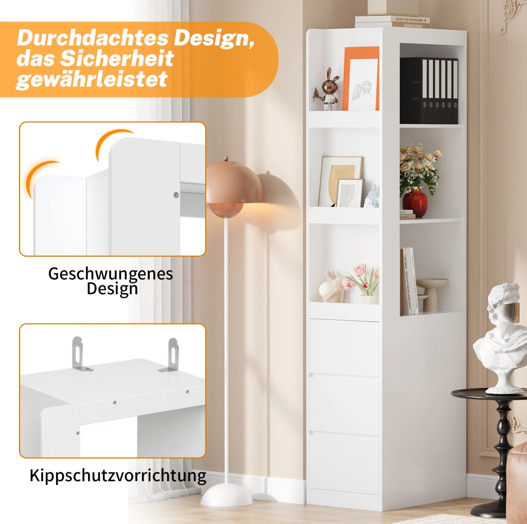 Libreria stretta alta 200 cm con 3 ripiani aperti e 3 cassetti; bianco