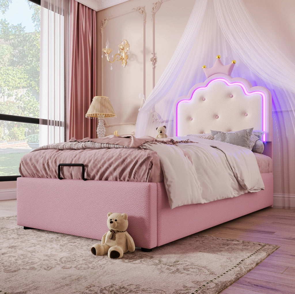 Letto singolo imbottito rosa con LED e vano contenitore 90x200 cm