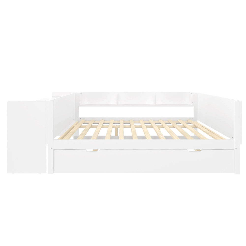 Letto-Xylo-140x200 cm-con scrivania, rotelle, scaffali, pino, bianco