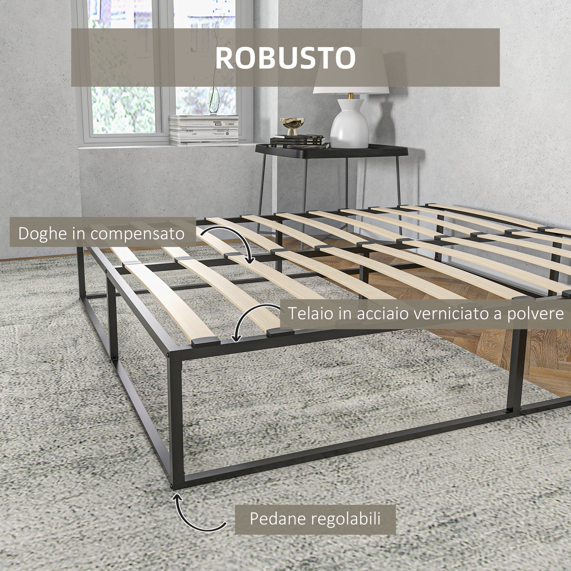 Struttura Letto Matrimoniale 190x160x35 cm con Doghe in Compensato e Contenitore Inferiore Nero