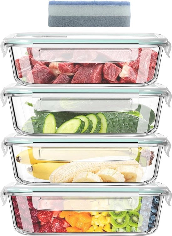 Set di 4 contenitori in vetro con coperchio e spugna per pulizia - Contenitori alimentari riciclabili per forno a microonde, congelatore e lavastoviglie