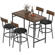 Set da bar composto da 5 pezzi con tavolo e 4 sedie, design industriale, per cucina e sala da pranzo, in legno e acciaio, colore marrone.