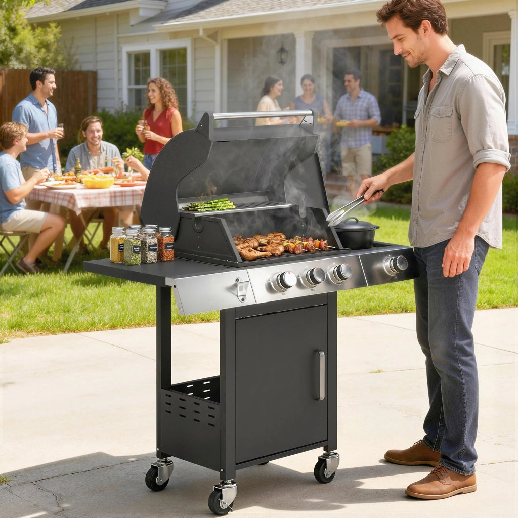 Barbecue a Gas 3 Fuochi con Bruciatore Laterale ¨C zephmum ¨C Nero 109x50x109 cm
